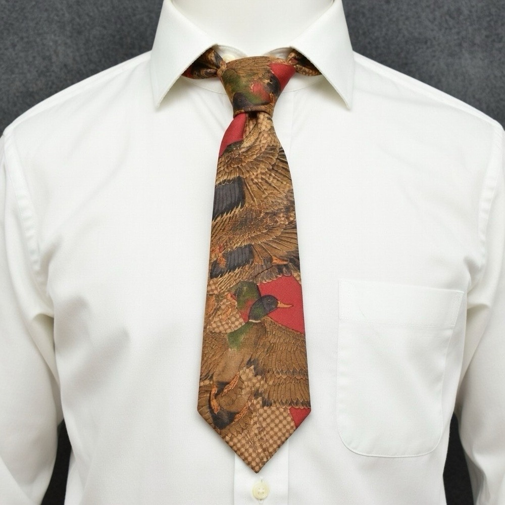 Polo Ralph Lauren Mallard Duck Flying Novelty Tie Red Houndstooth Handmade USA